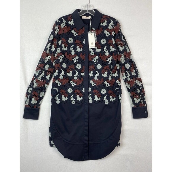 Tory Burch Womens 6 Shirt Dress Guipure Lace Floral Bittersweet Navy Elegant NEW - Picture 2 of 16